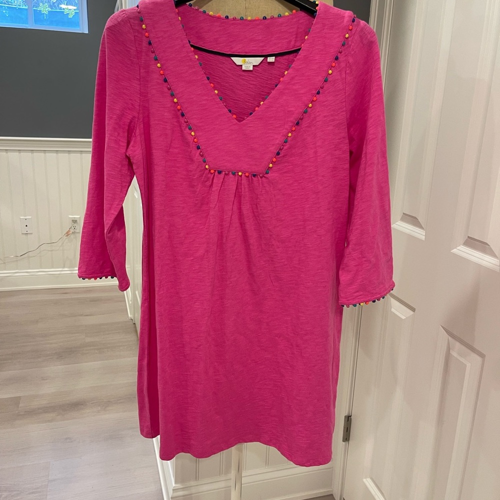 Boden Hot Pink V-Neck Tunic with Multicolor Pom-Pom Trim